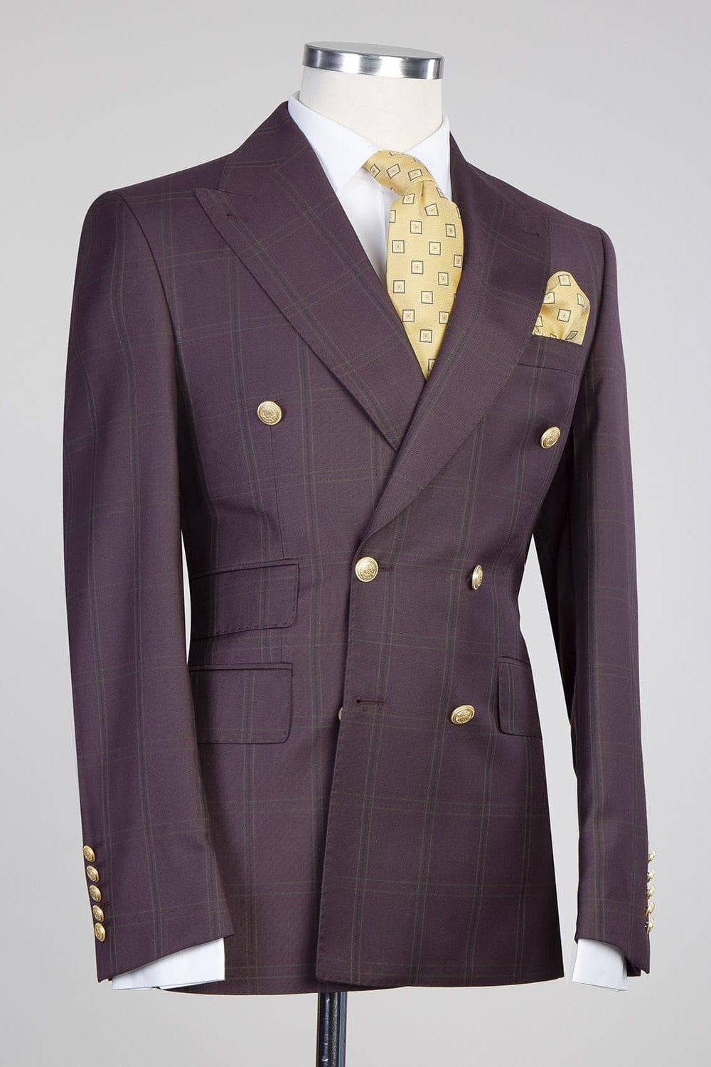 Wine Purple Plaid Peaked Lapel Double Breasted Men Suits