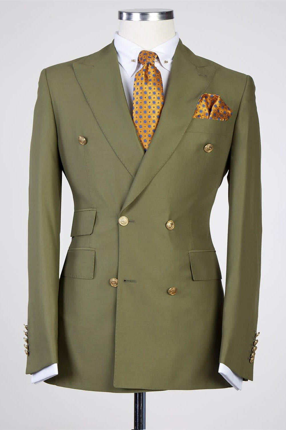 Olive Green Peaked Lapel Double Breasted Men Suits