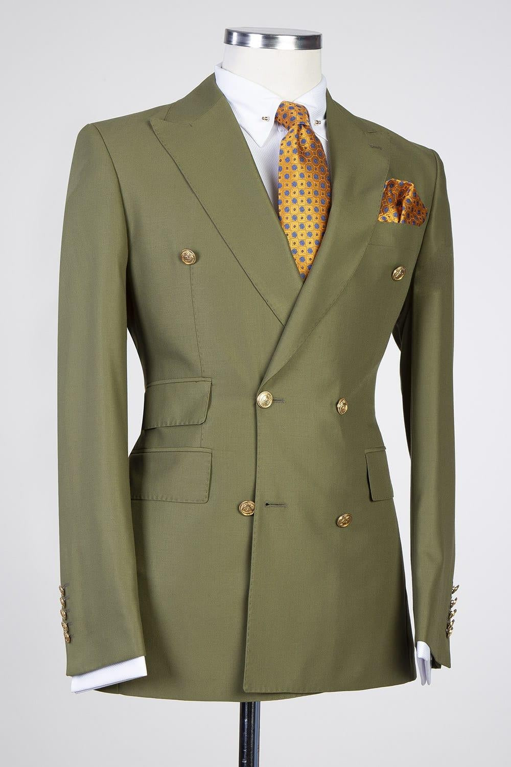 Olive Green Peaked Lapel Double Breasted Men Suits