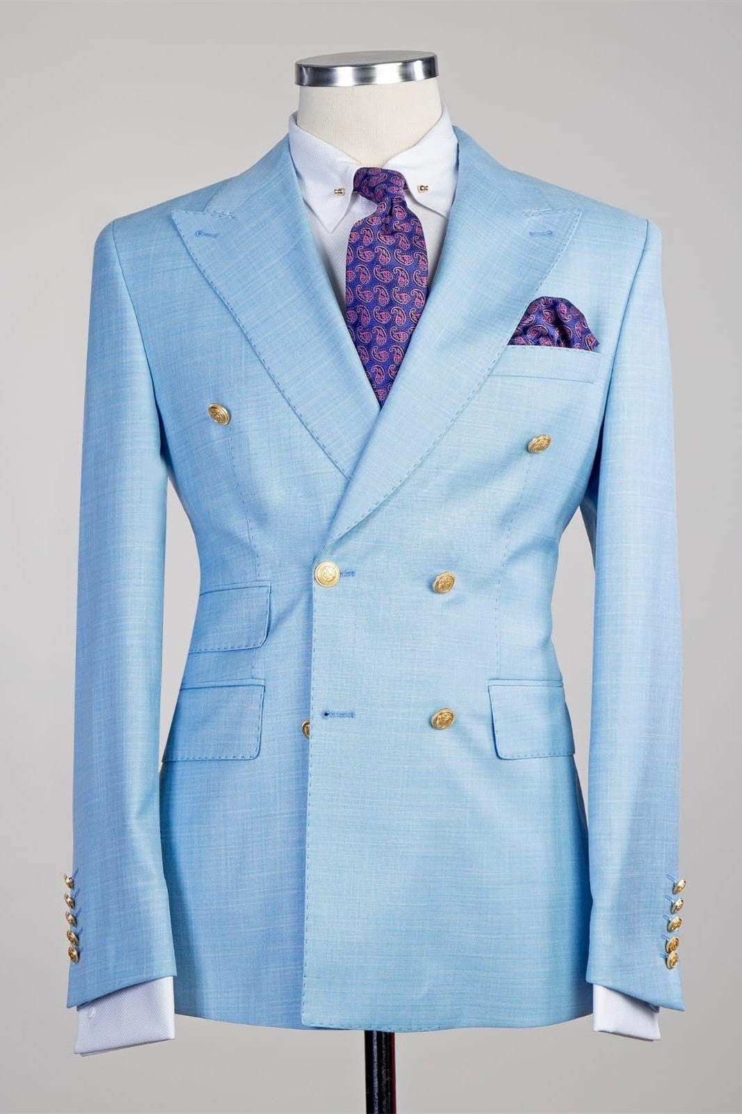 Trendy Sky Blue Peaked Lapel Double Breasted Men Suits