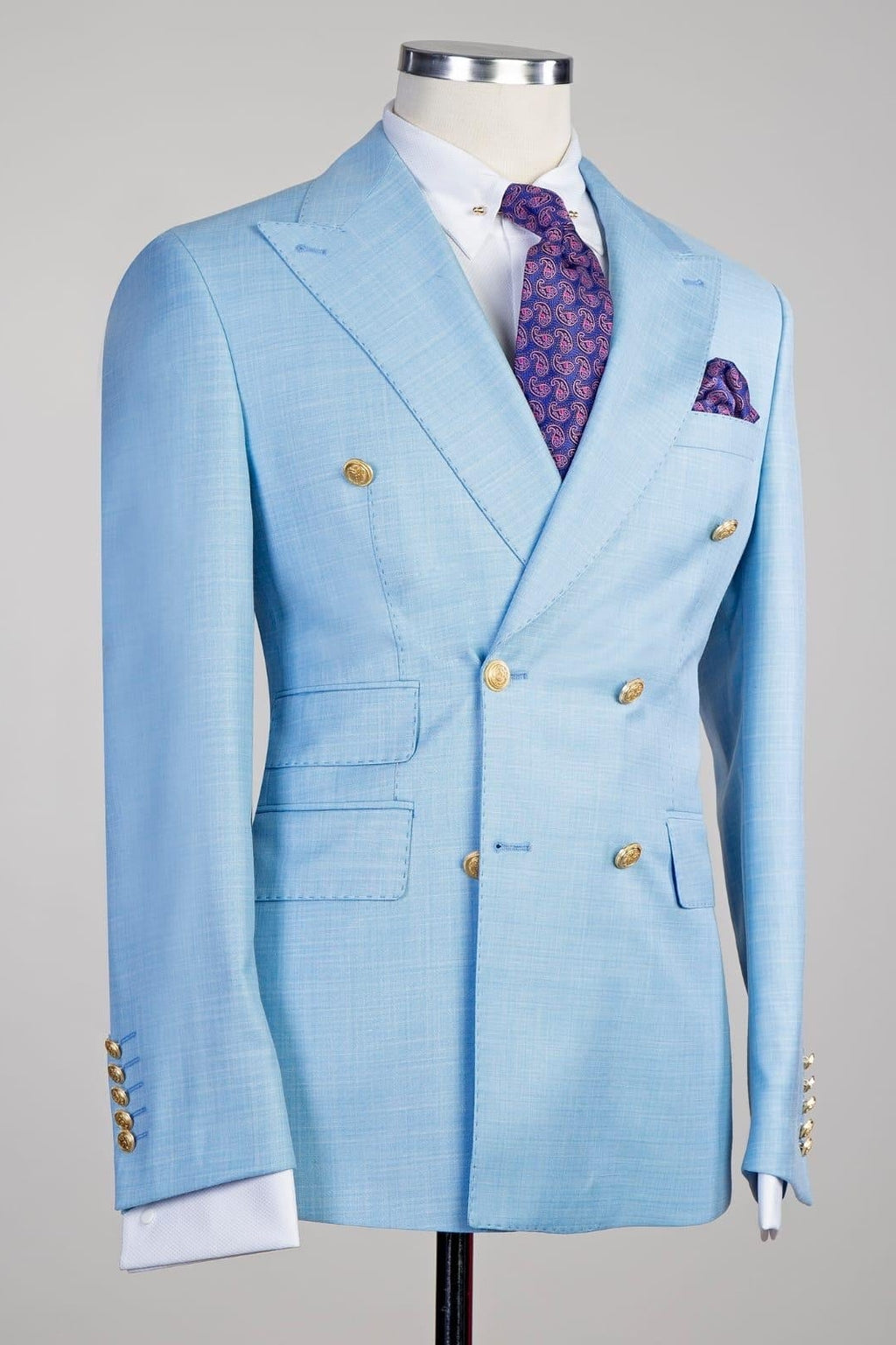 Trendy Sky Blue Peaked Lapel Double Breasted Men Suits
