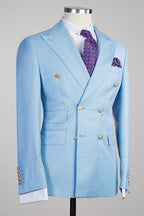 Trendy Sky Blue Peaked Lapel Double Breasted Men Suits