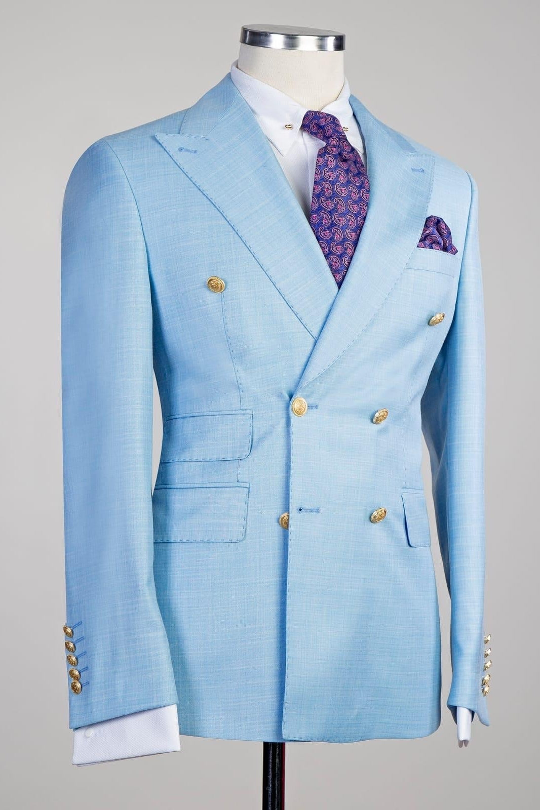 Trendy Sky Blue Peaked Lapel Double Breasted Men Suits
