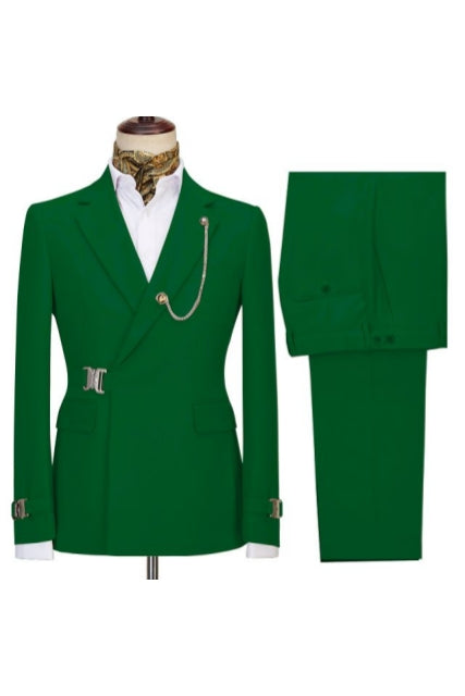 Chic Green Notched Lapel Men Suits With Buckle Button