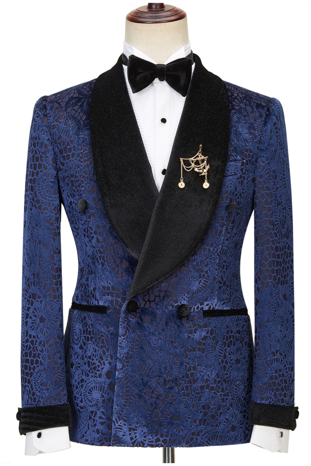 Best Fitted Navy Jacquard Double Breasted Shawl Lapel Men Suits Main image