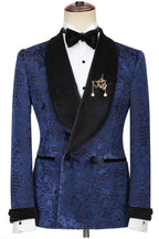 Best Fitted Navy Jacquard Double Breasted Shawl Lapel Men Suits