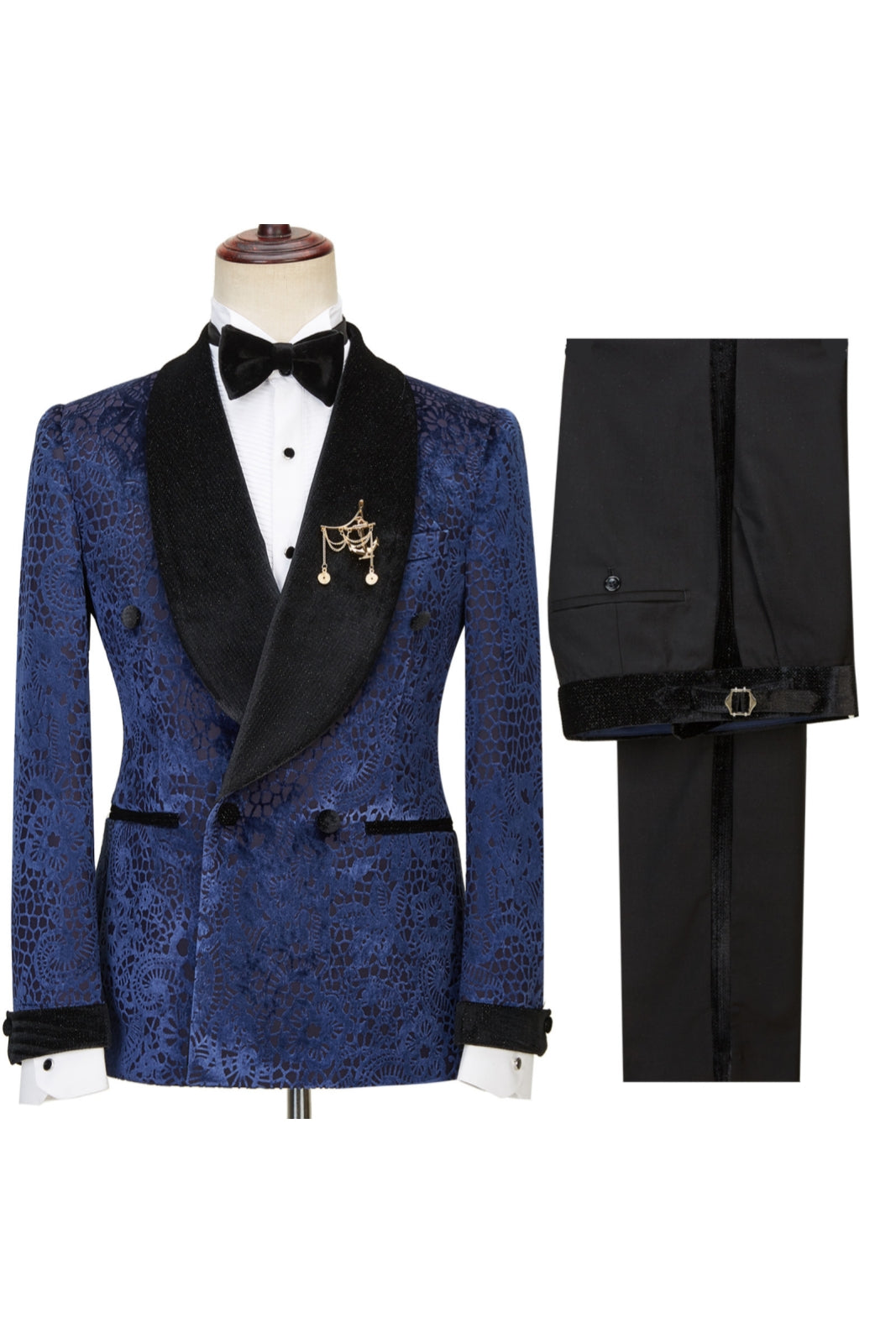Best Fitted Navy Jacquard Double Breasted Shawl Lapel Men Suits Secondary image