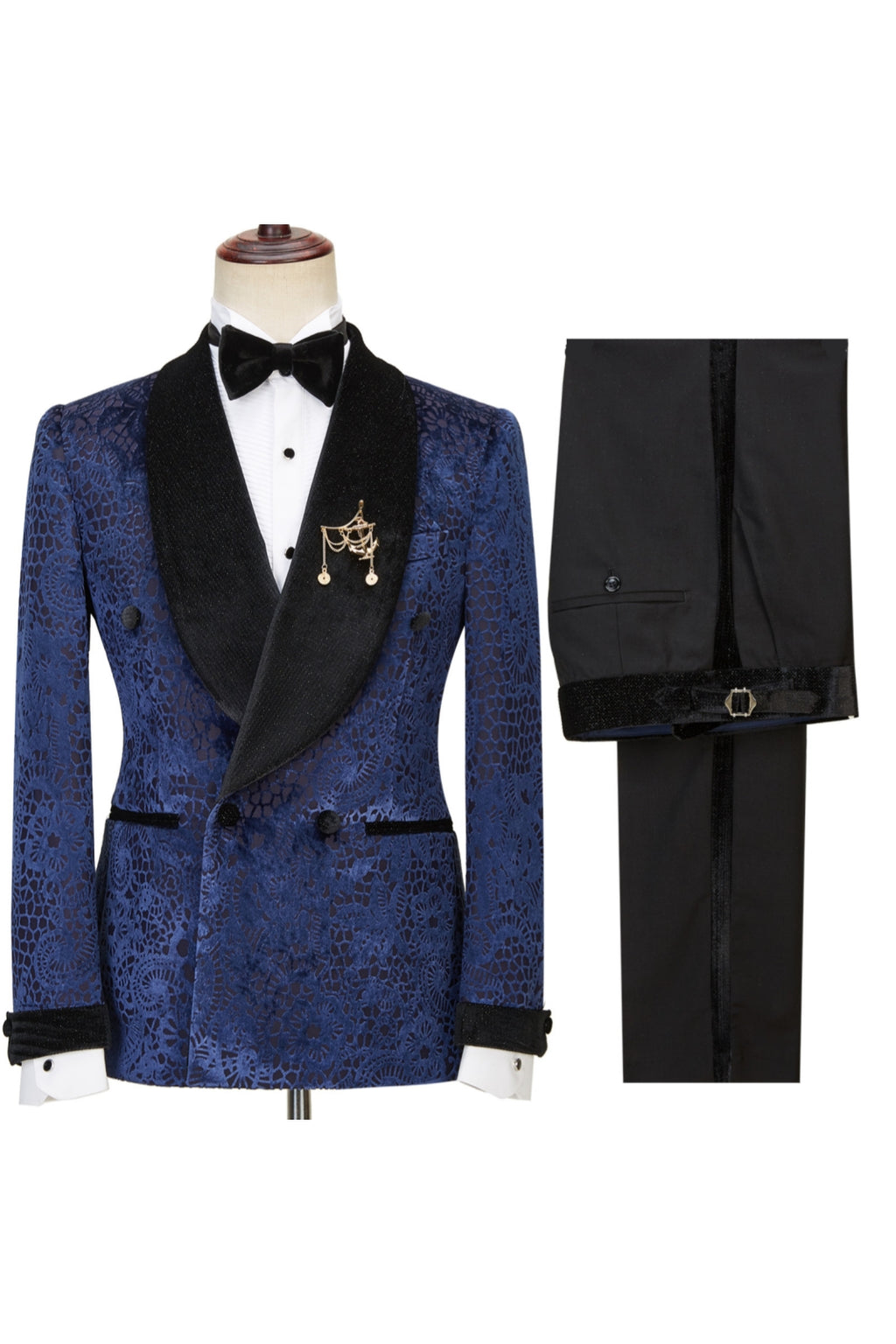 Best Fitted Navy Jacquard Double Breasted Shawl Lapel Men Suits