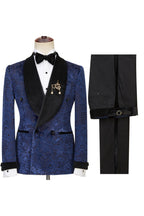 Best Fitted Navy Jacquard Double Breasted Shawl Lapel Men Suits