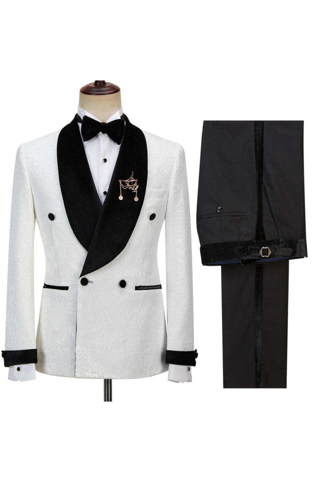 Bespoke White Jacquard Double Breasted Shawl Lapel Men Suits