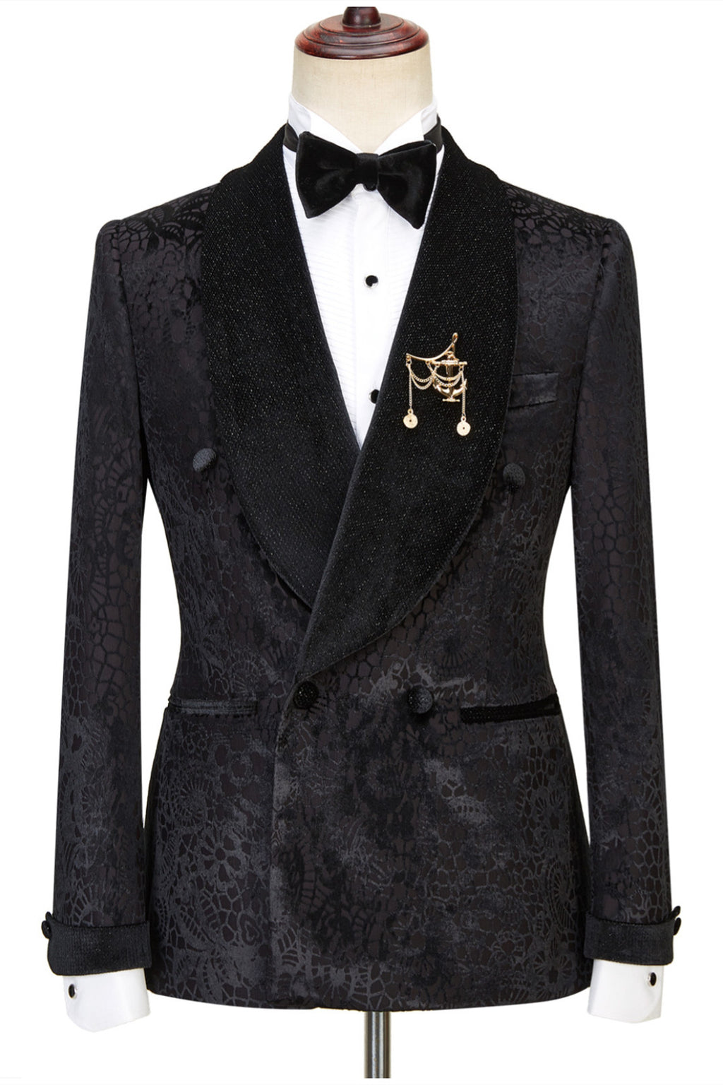 Gentle Black Jacquard Double Breasted Shawl Lapel Men Suits