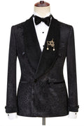 Gentle Black Jacquard Double Breasted Shawl Lapel Men Suits