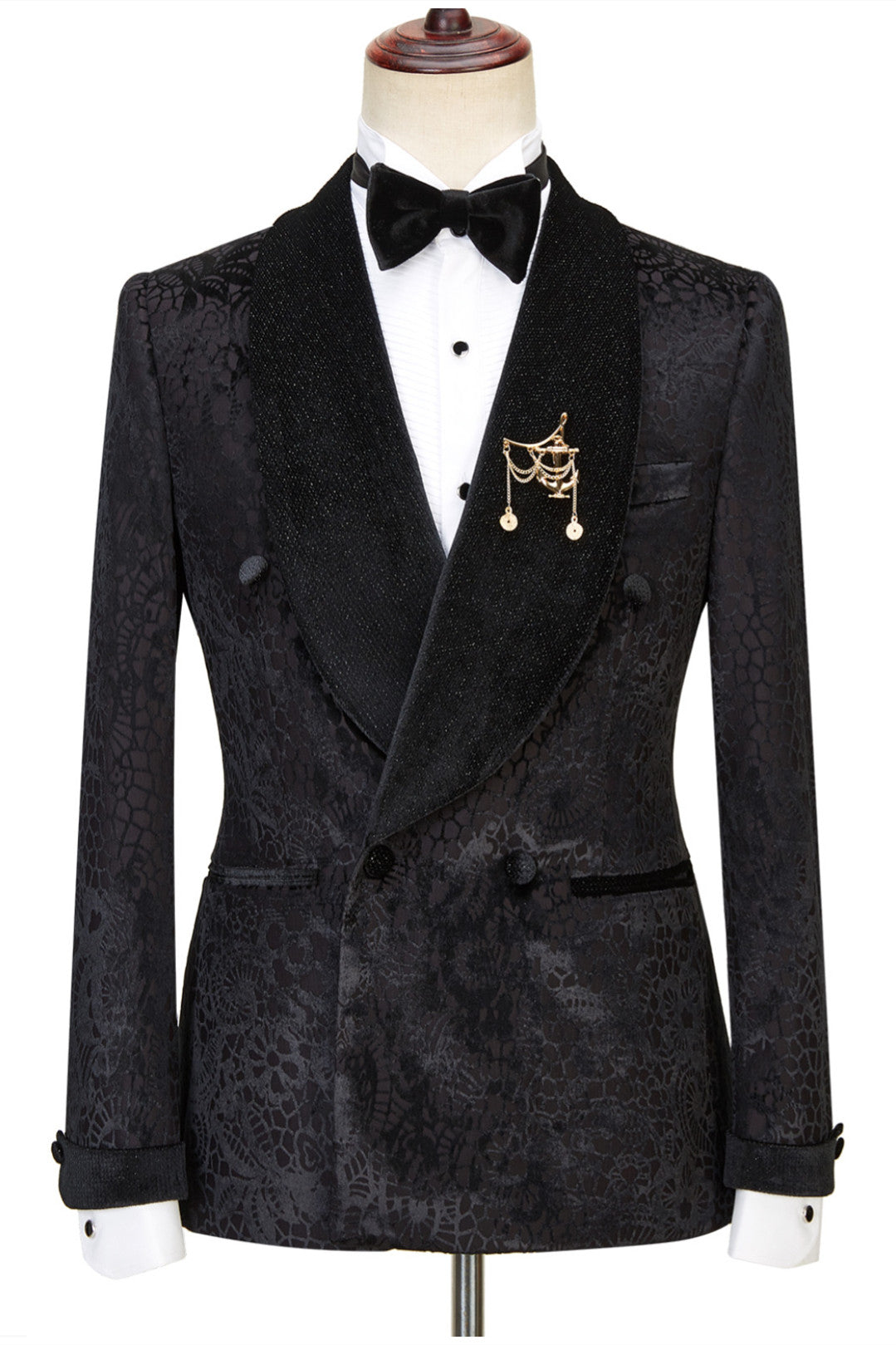 Gentle Black Jacquard Double Breasted Shawl Lapel Men Suits