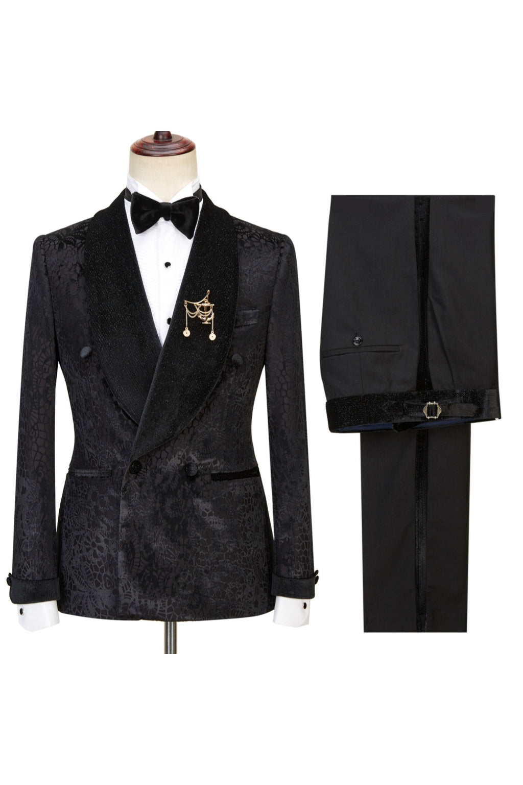 Gentle Black Jacquard Double Breasted Shawl Lapel Men Suits