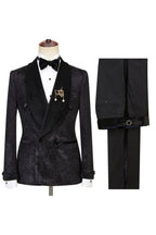 Gentle Black Jacquard Double Breasted Shawl Lapel Men Suits