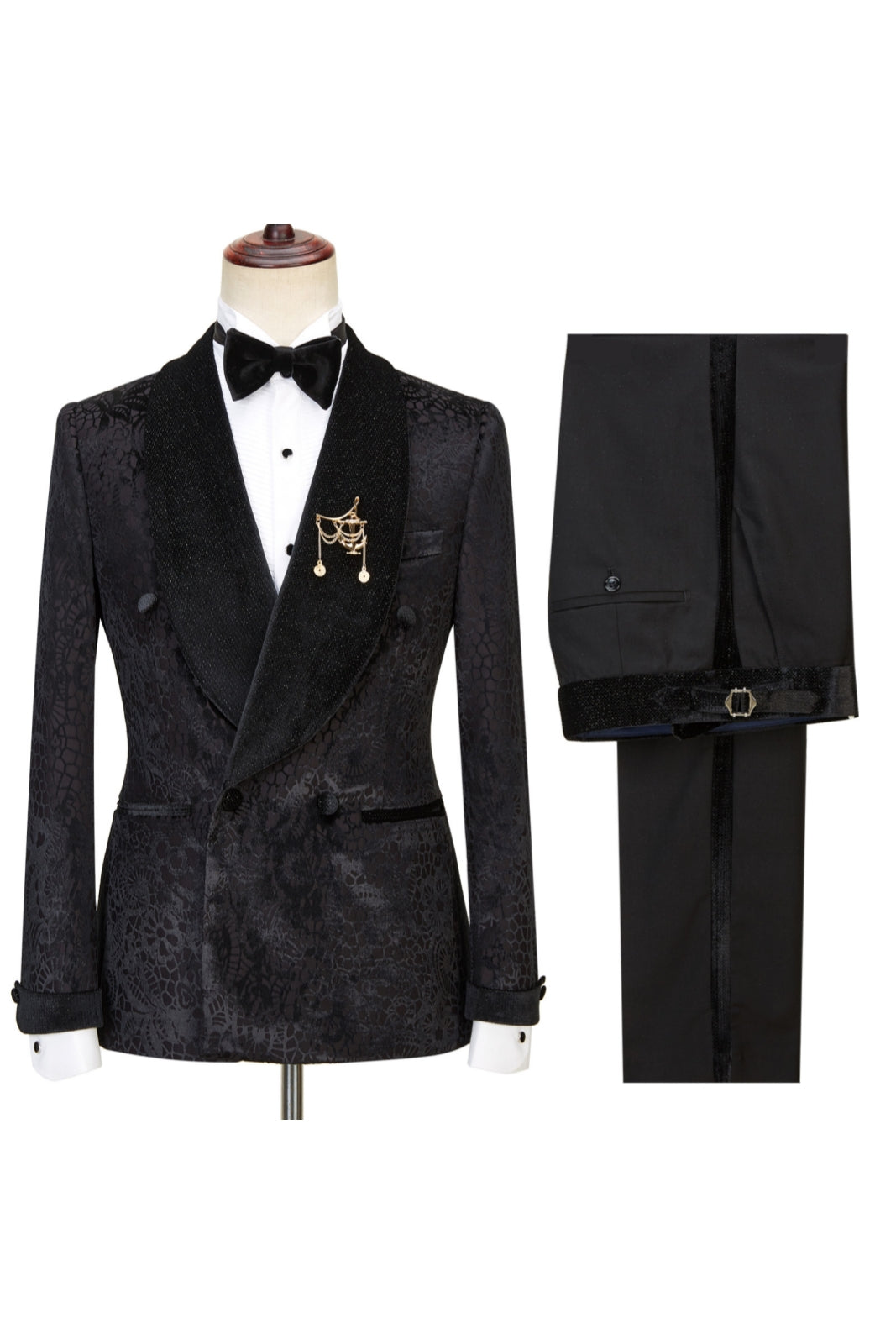 Gentle Black Jacquard Double Breasted Shawl Lapel Men Suits
