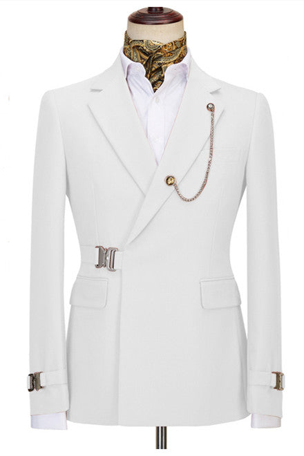Classy White Notched Lapel Buckle Button Men Suits