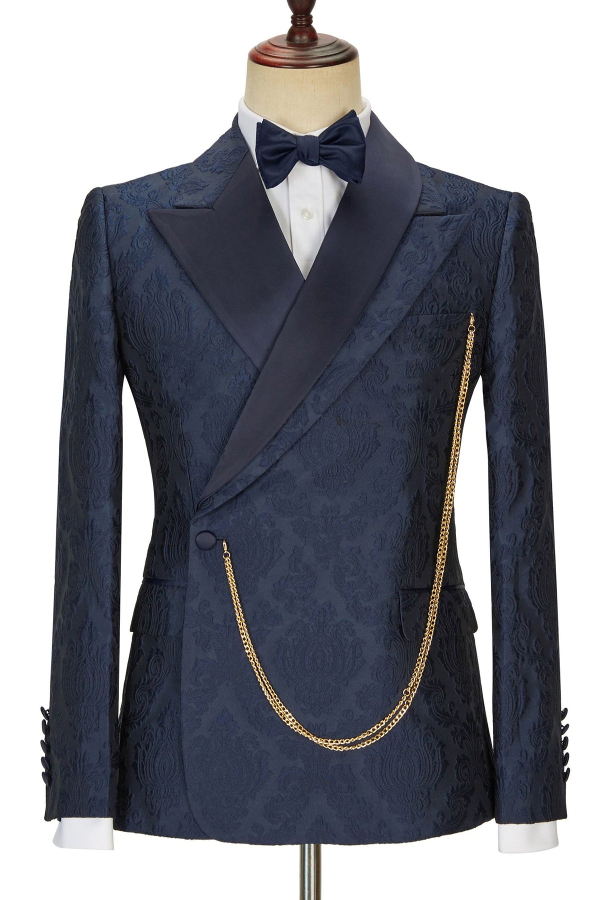 Navy Blue Jacquard Peaked Lapel One Button Men Suits Main image