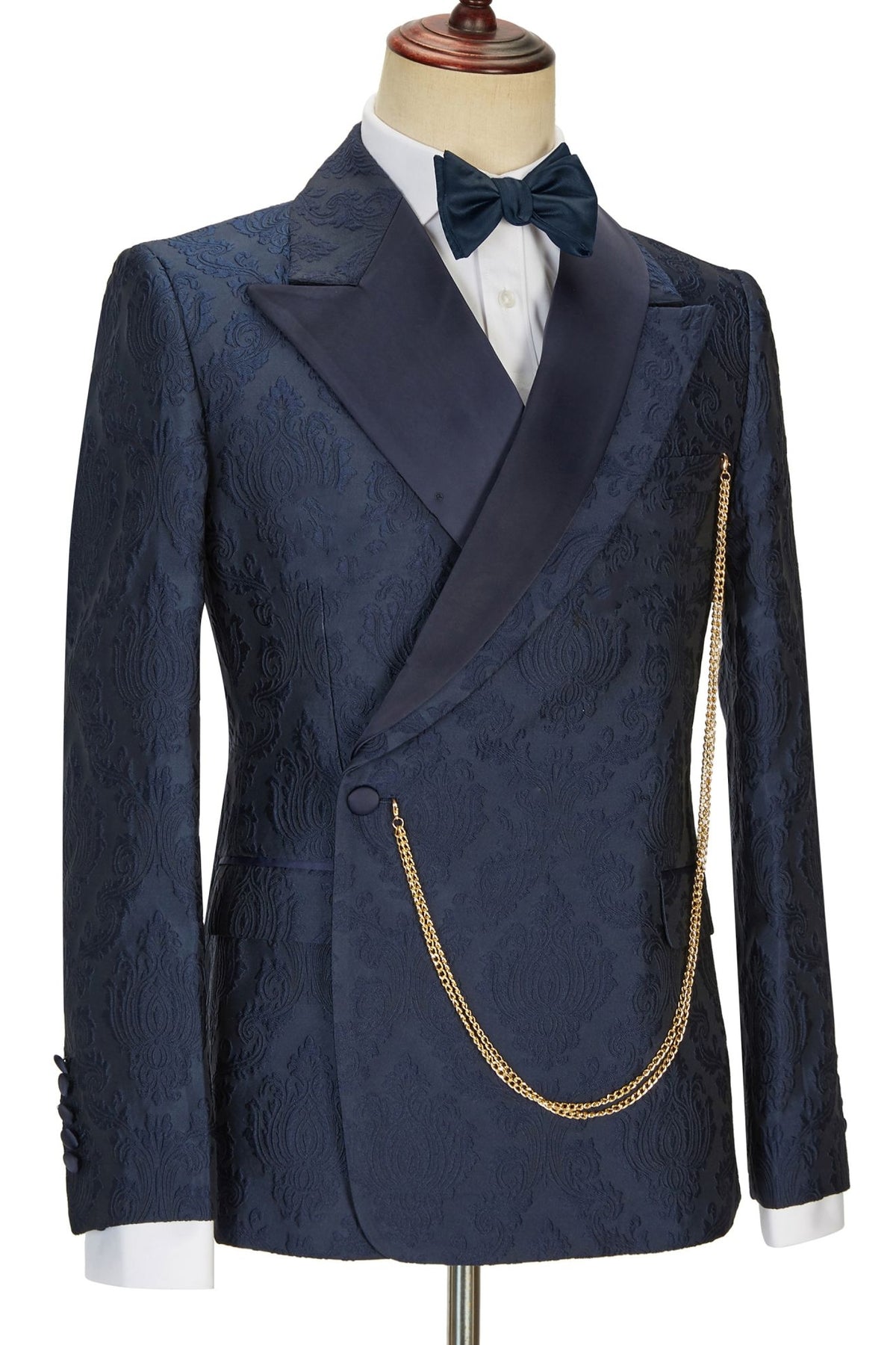 Navy Blue Jacquard Peaked Lapel One Button Men Suits
