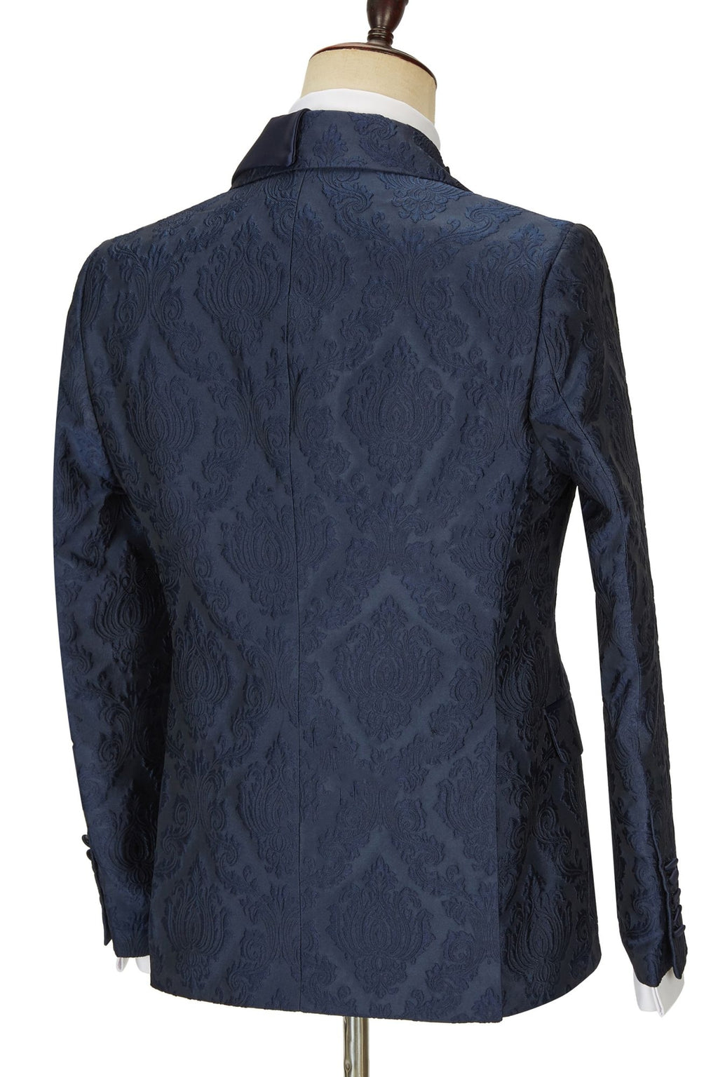Navy Blue Jacquard Peaked Lapel One Button Men Suits