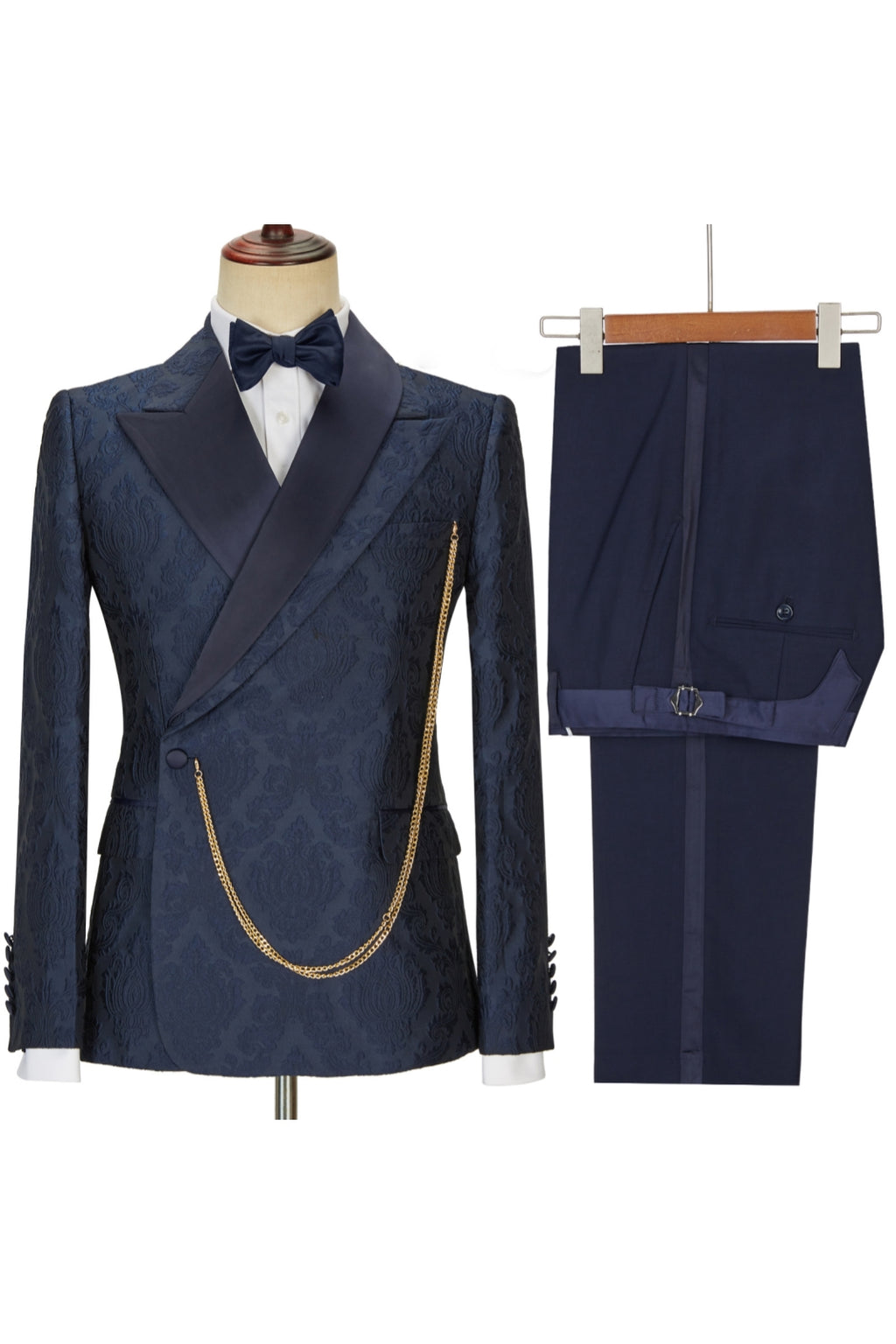 Navy Blue Jacquard Peaked Lapel One Button Men Suits