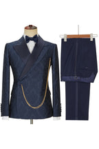 Navy Blue Jacquard Peaked Lapel One Button Men Suits
