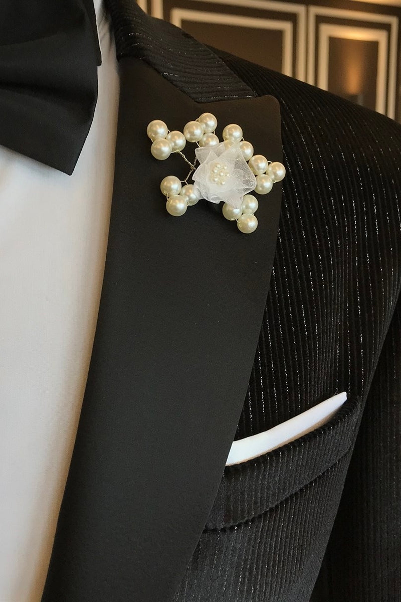 Black One Button Peaked Lapel Sparkle Striped Men Suits