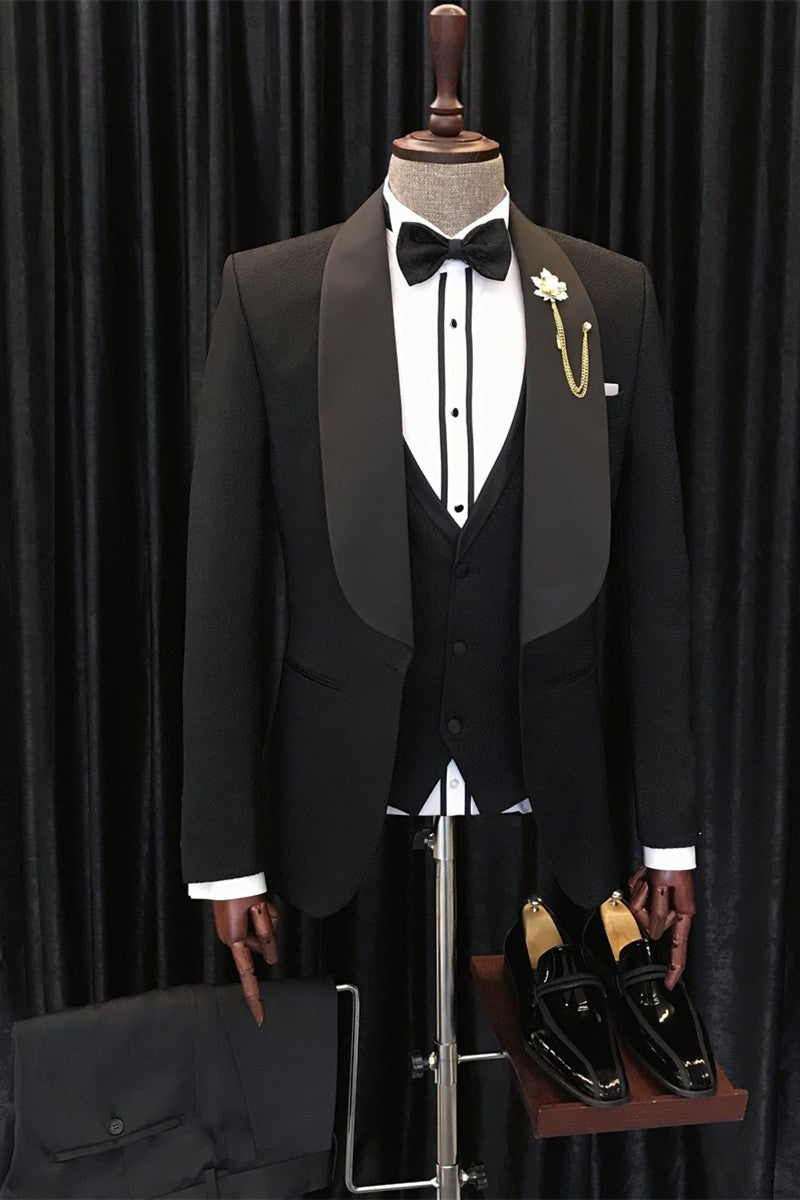 Black One Button Shawl Lapel 3 Piece Men Suits