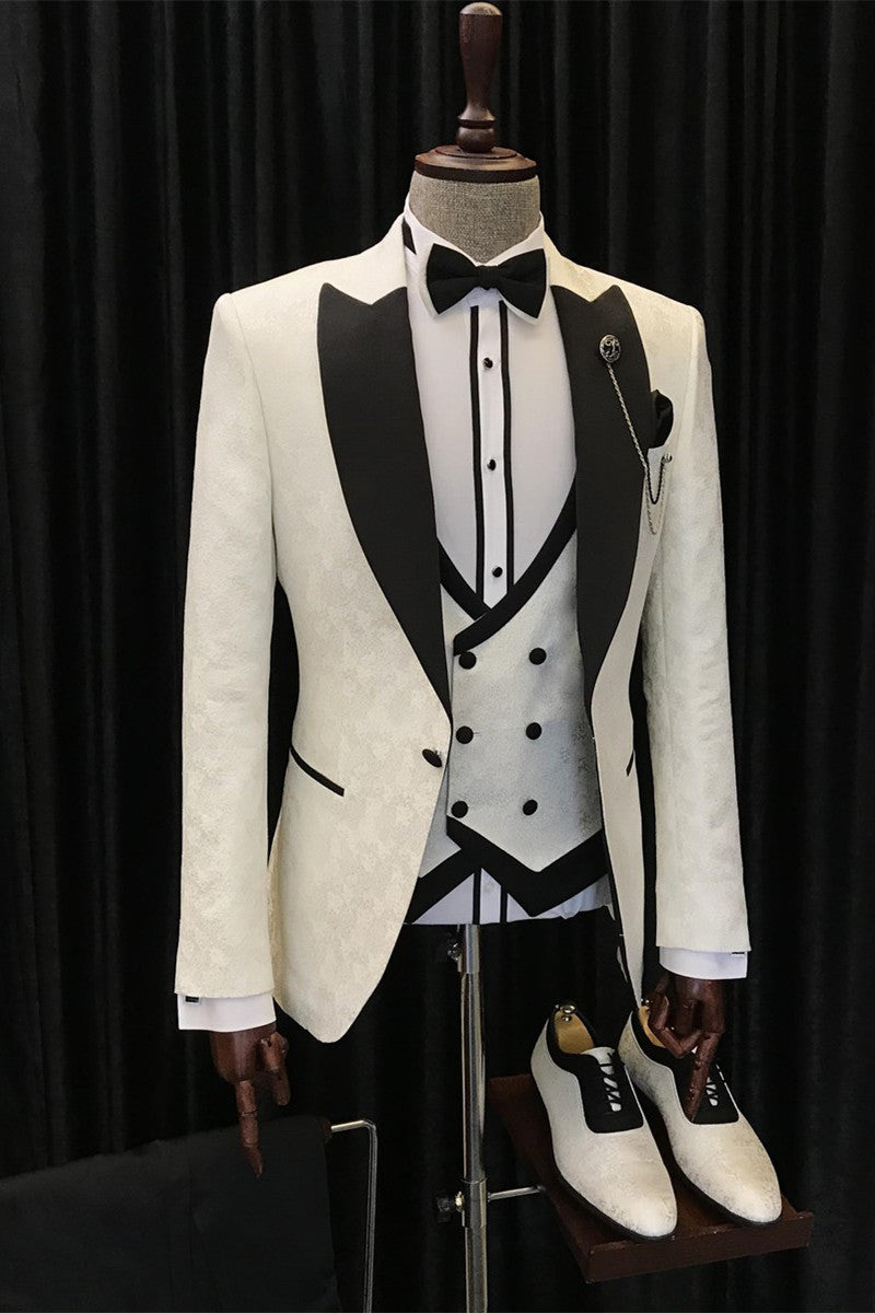 White Jacquard One Button Shawl Lapel 3 Piece Men Suits Main image