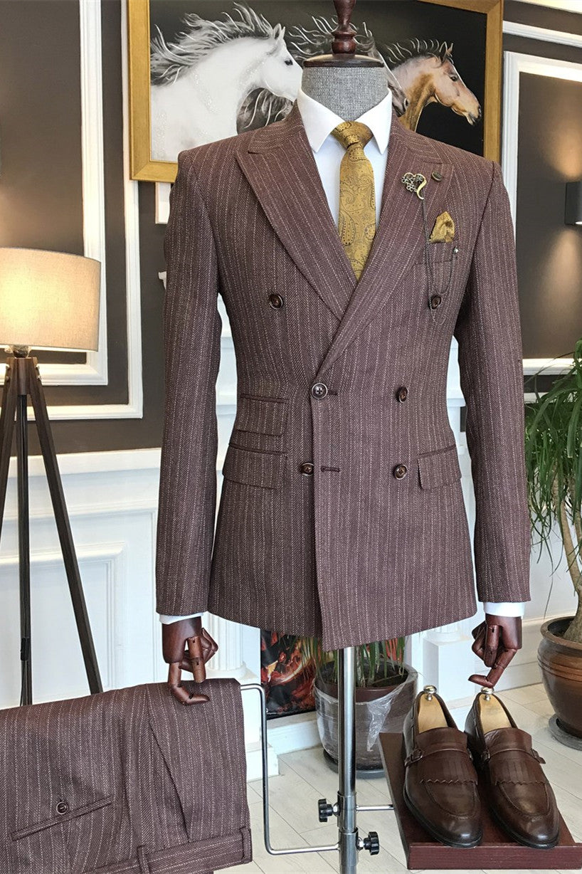 Brown Striped Peaked Lapel Double Breasted Men Suits Main image