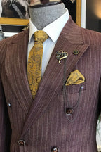 Brown Striped Peaked Lapel Double Breasted Men Suits