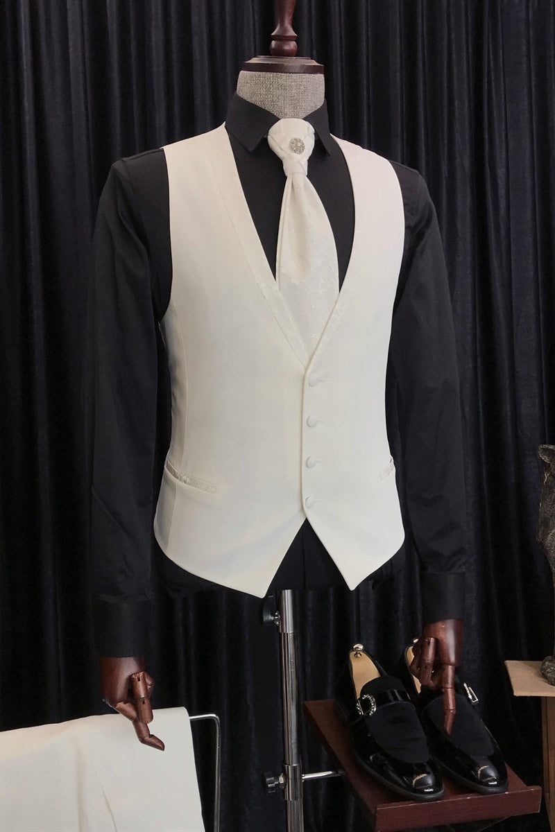 White Jacquard Notched Lapel Men Suits With Waistcoat