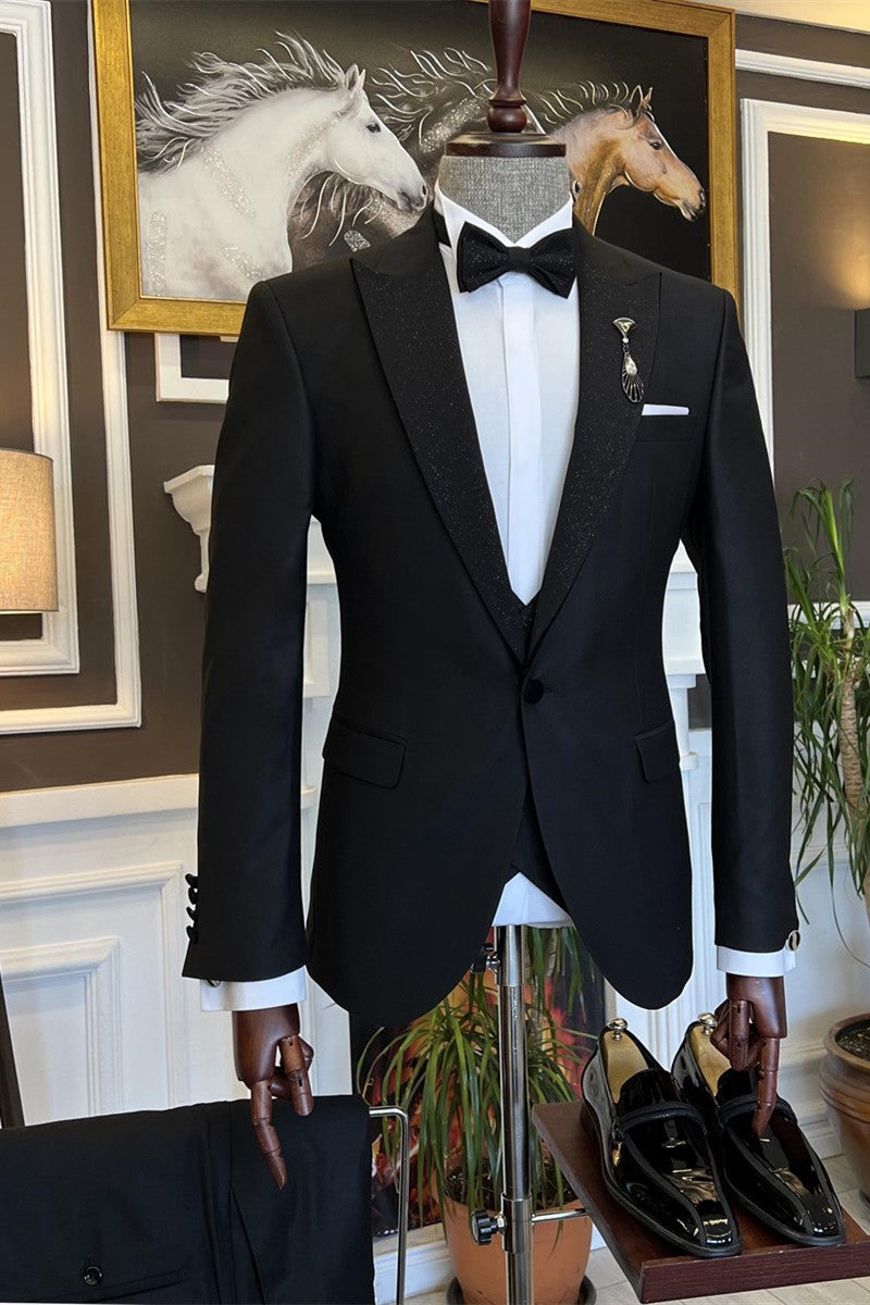 Black 3 Piece Sparkle Peaked Lapel Suits For Men Main image