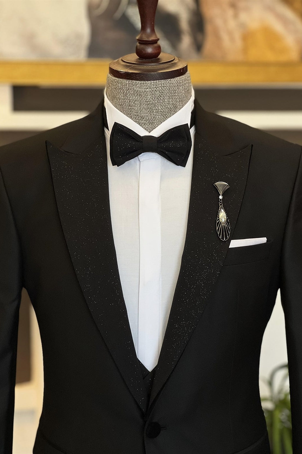 Black 3 Piece Sparkle Peaked Lapel Suits For Men