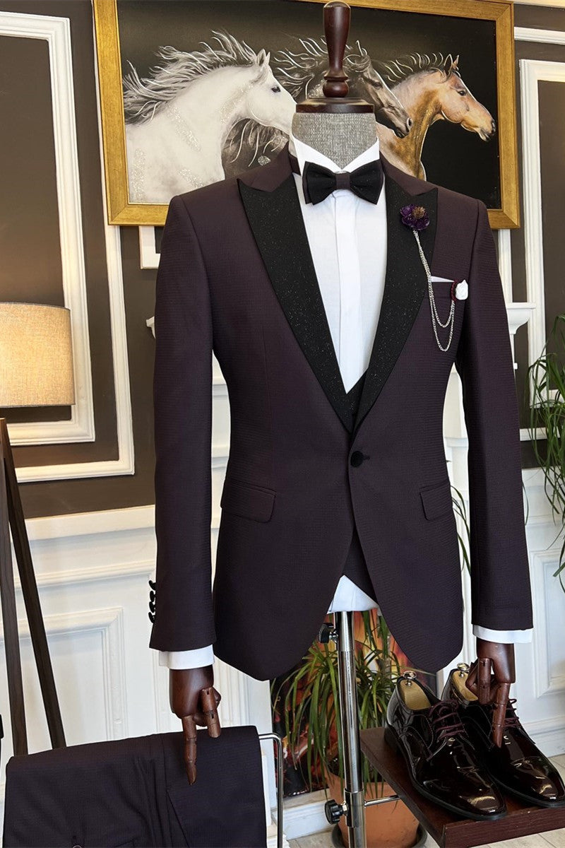 Dark Purple 3 Piece Sparkle Peaked Lapel Suits For Men Main image