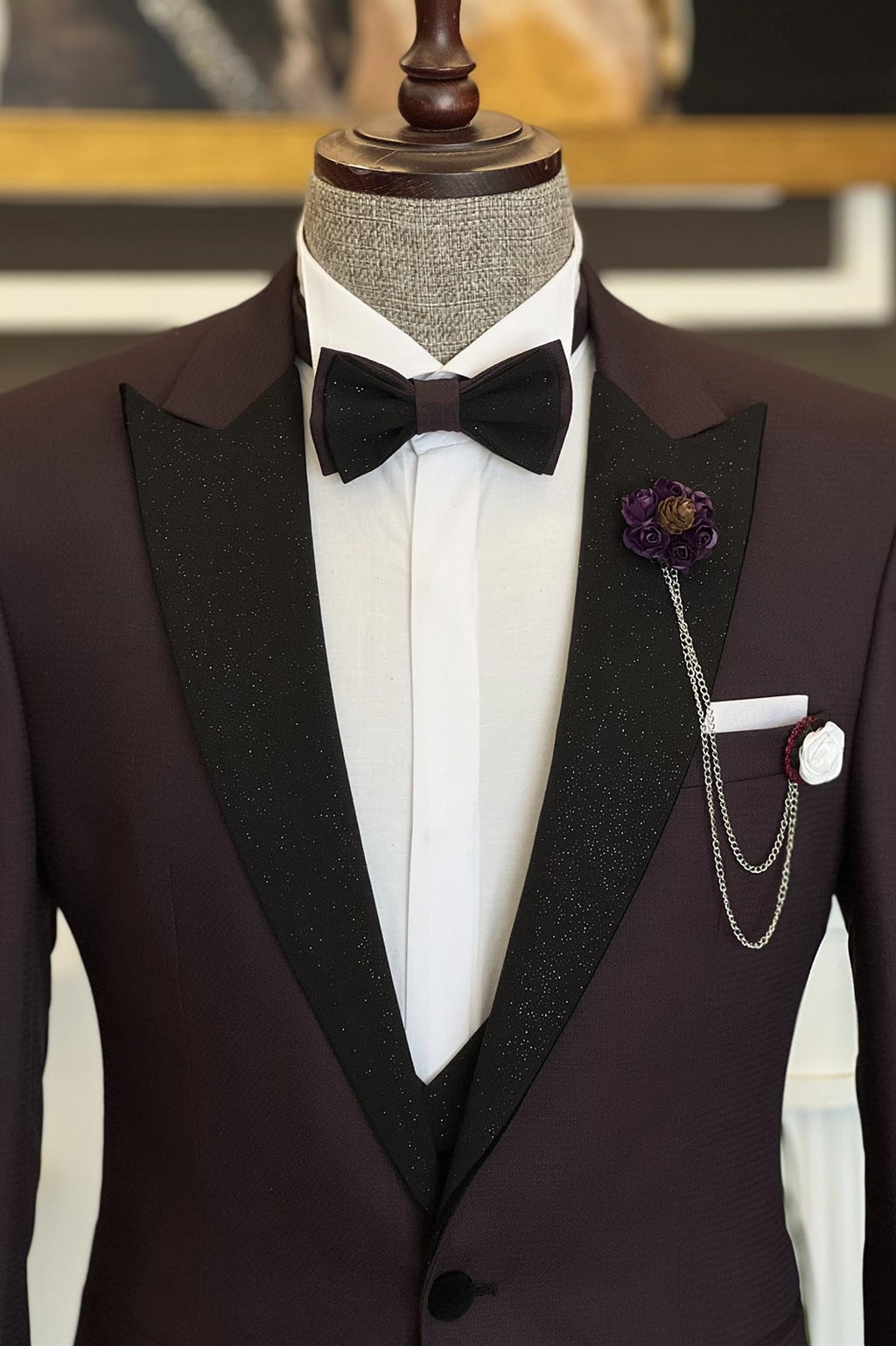 Dark Purple 3 Piece Sparkle Peaked Lapel Suits For Men