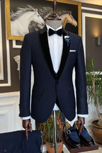 Dark Blue One Button 3 Piece Sparkle Shawl Lapel Suits For Men
