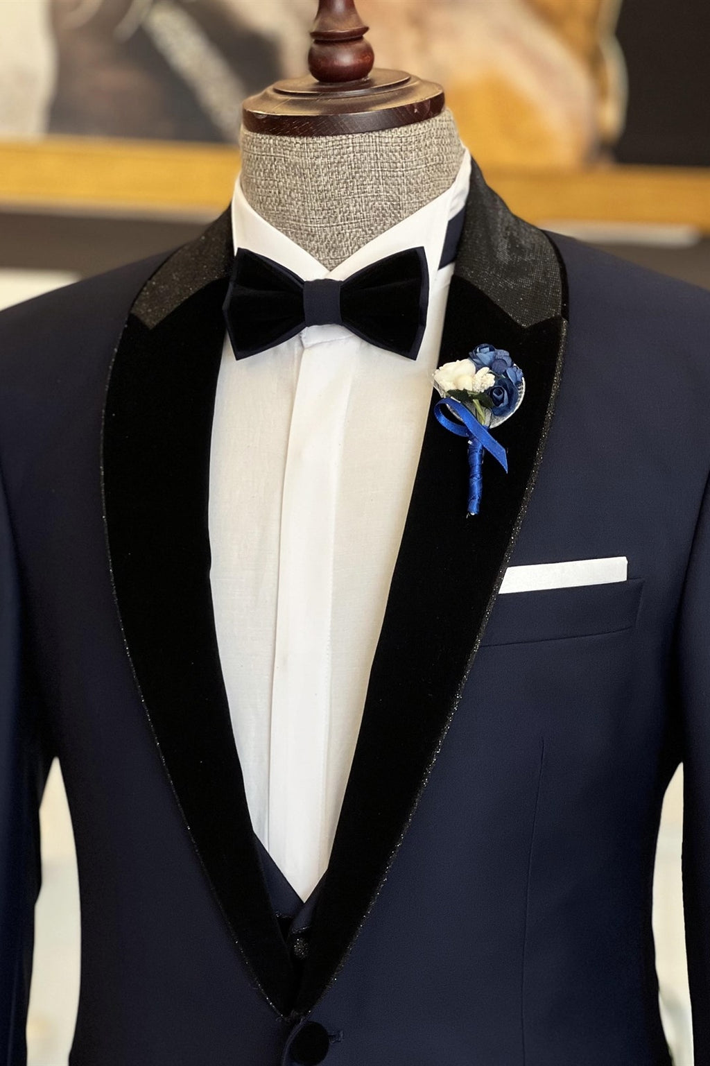 Dark Blue One Button 3 Piece Sparkle Shawl Lapel Suits For Men
