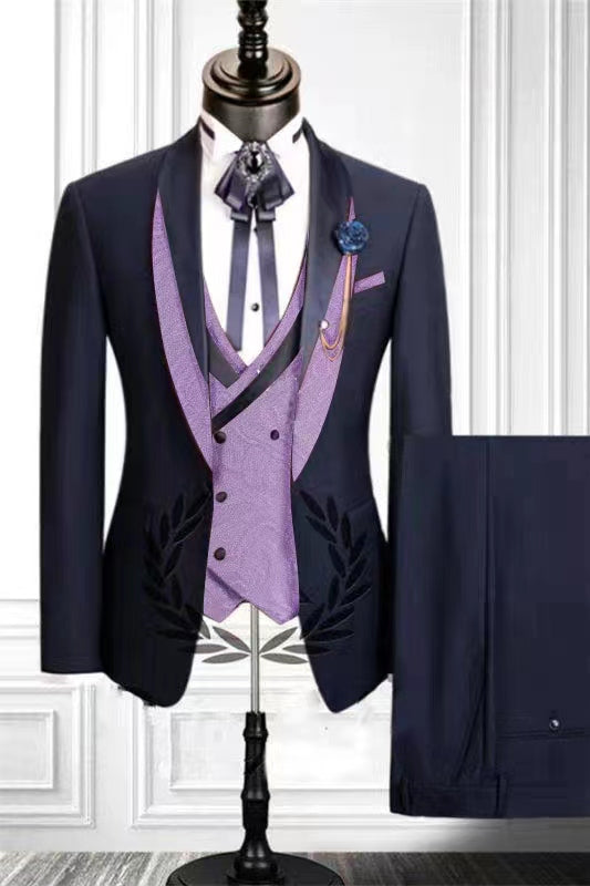 Dark Navy Spliced Shawl Lapel Men Suits With Lilac Jacquard Waistcoat Main image