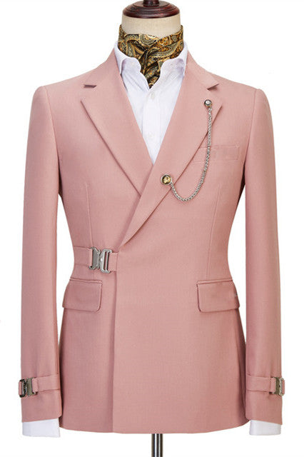 Pink Stylish Notched Lapel Men Suits With Buckle Button