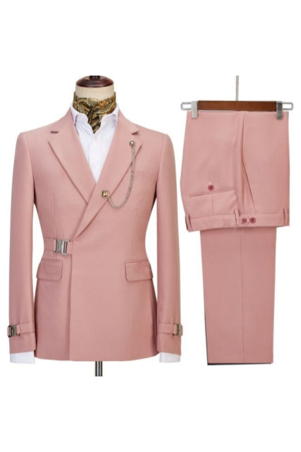 Pink Stylish Notched Lapel Men Suits With Buckle Button