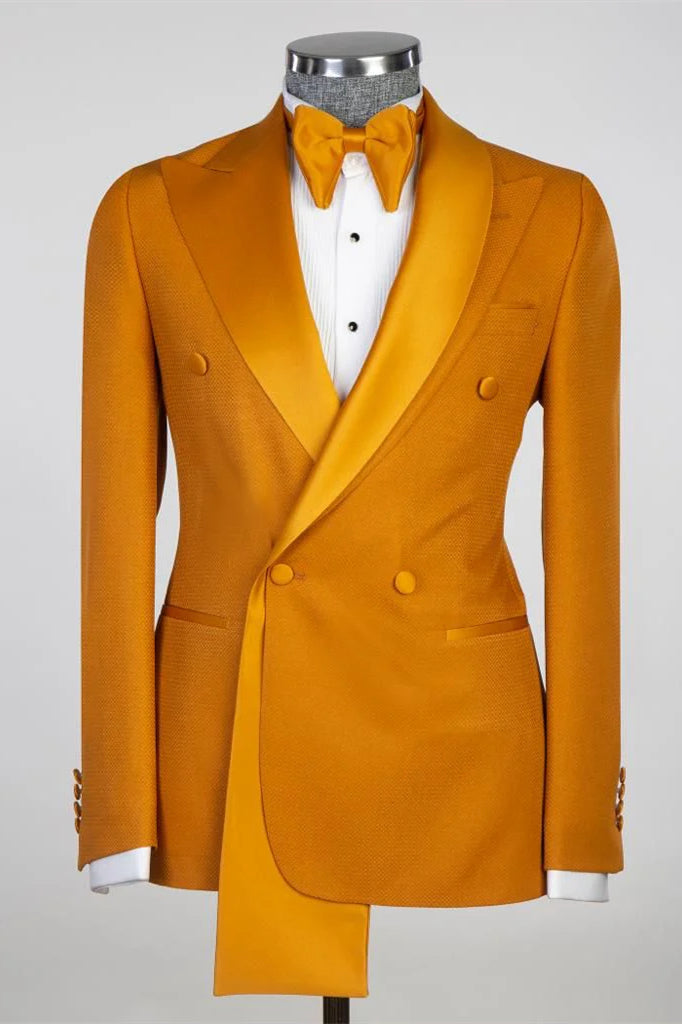 Orange Two Layer Satin Lapel Double Breasted Men Suits