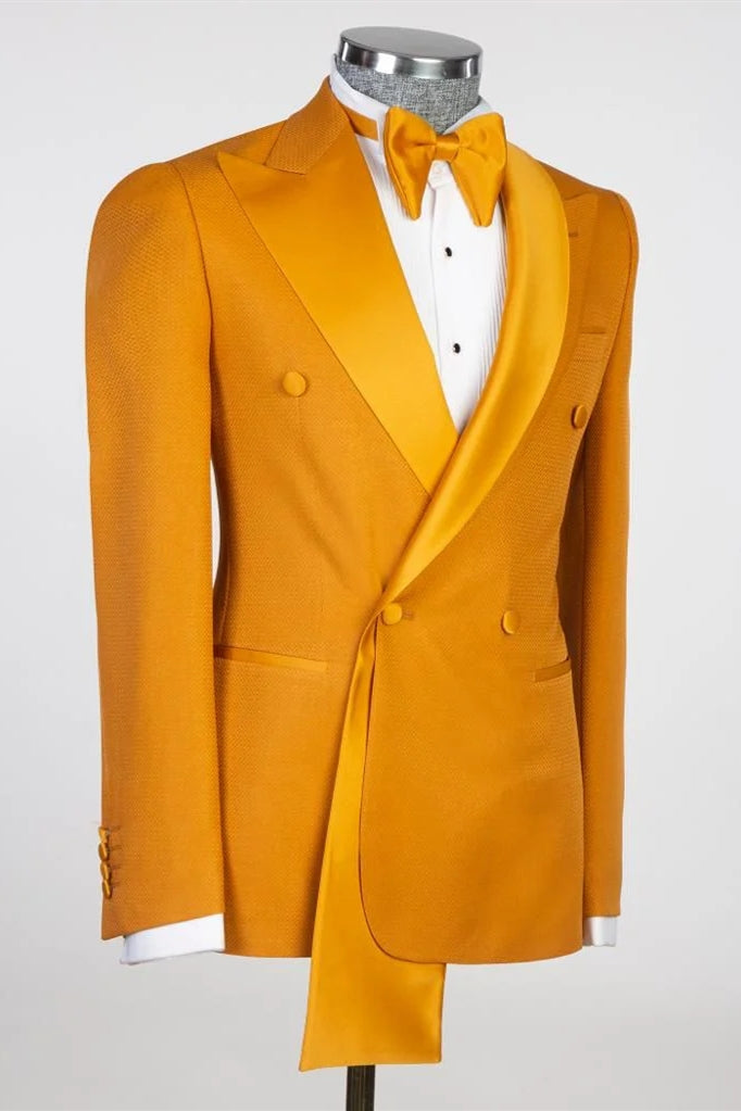 Orange Two Layer Satin Lapel Double Breasted Men Suits