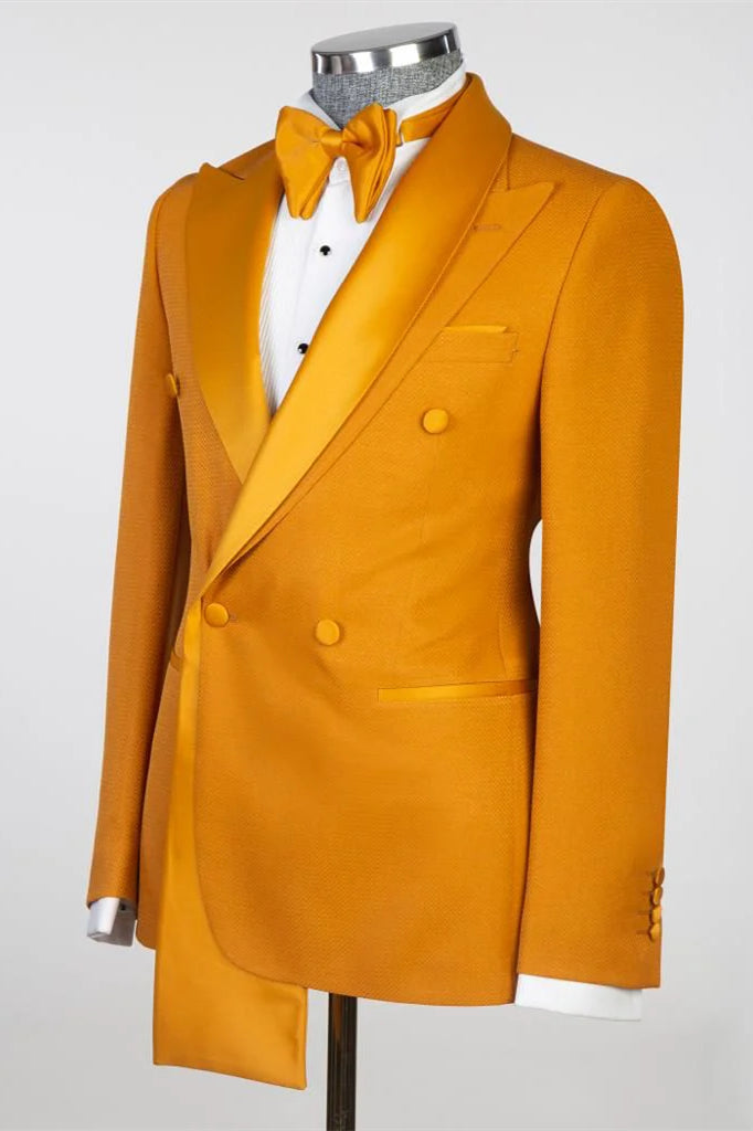 Orange Two Layer Satin Lapel Double Breasted Men Suits