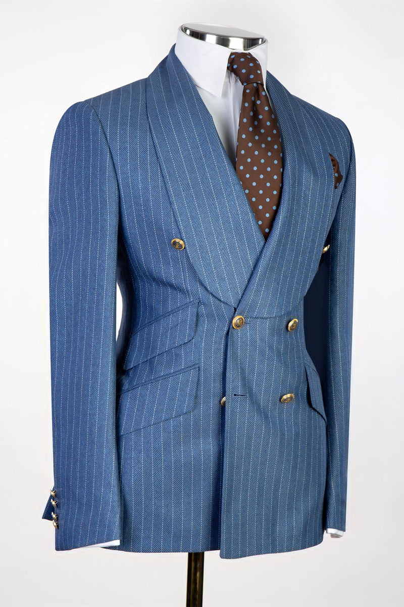 Fancy Blue Striped Shawl Lapel Double Breasted Men Suits Secondary image
