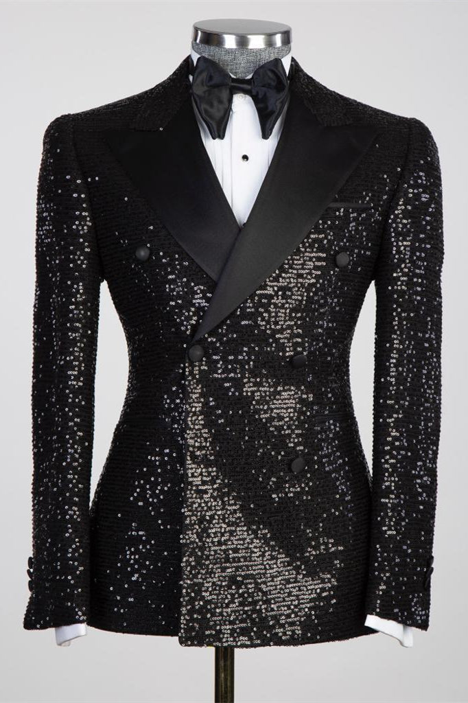 Black Sequins Peaked Lapel Double Breasted Suits For Men Main image