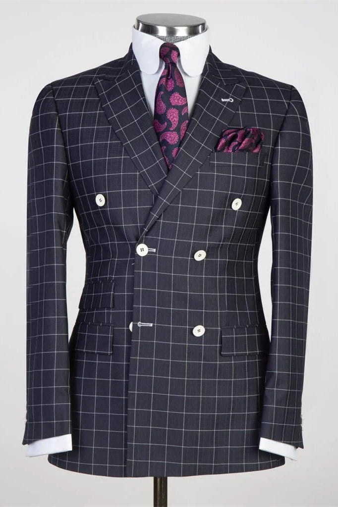 Black Plaid Peaked Lapel Double Breasted Suits For Men Main image