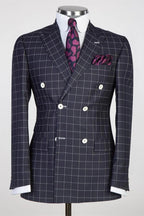 Black Plaid Peaked Lapel Double Breasted Suits For Men