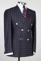 Black Plaid Peaked Lapel Double Breasted Suits For Men