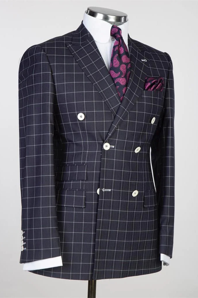 Black Plaid Peaked Lapel Double Breasted Suits For Men